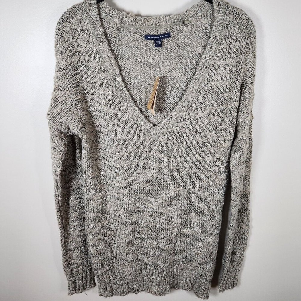American Eagle Tunic Sweater Womens Beige Deep V Neck Knit Cottagecore Y2K New - Picture 9 of 15
